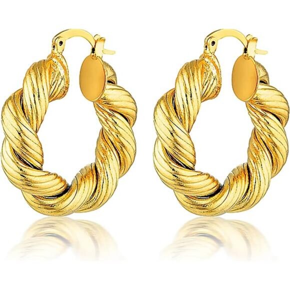 Chunky Gold Hoop Earrings 14k Gold Plated Triple Hoop Earrings Hypoallergenic - Picture 1 of 14